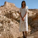 Jo Puff-Sleeve Dress in cream cotton and Wilder Brown Leather Tulip Boot.