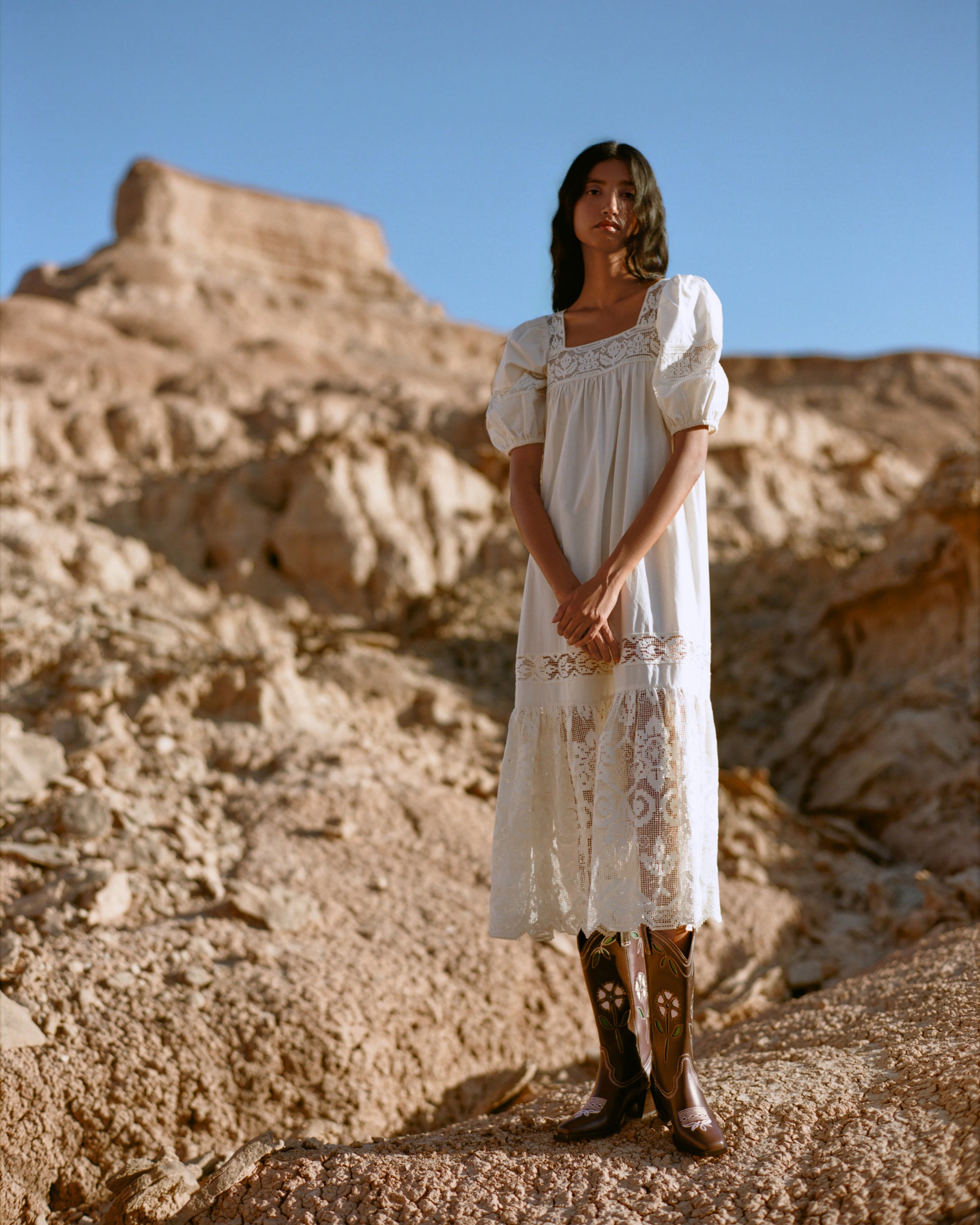 Jo Puff-Sleeve Dress in cream cotton and Wilder Brown Leather Tulip Boot.
