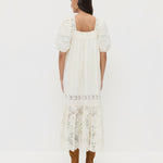 Jo Puff-Sleeve Dress in cream cotton and Indy Cacao Suede Tall Boot.