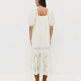 Jo Puff-Sleeve Dress in cream cotton and Indy Cacao Suede Tall Boot.