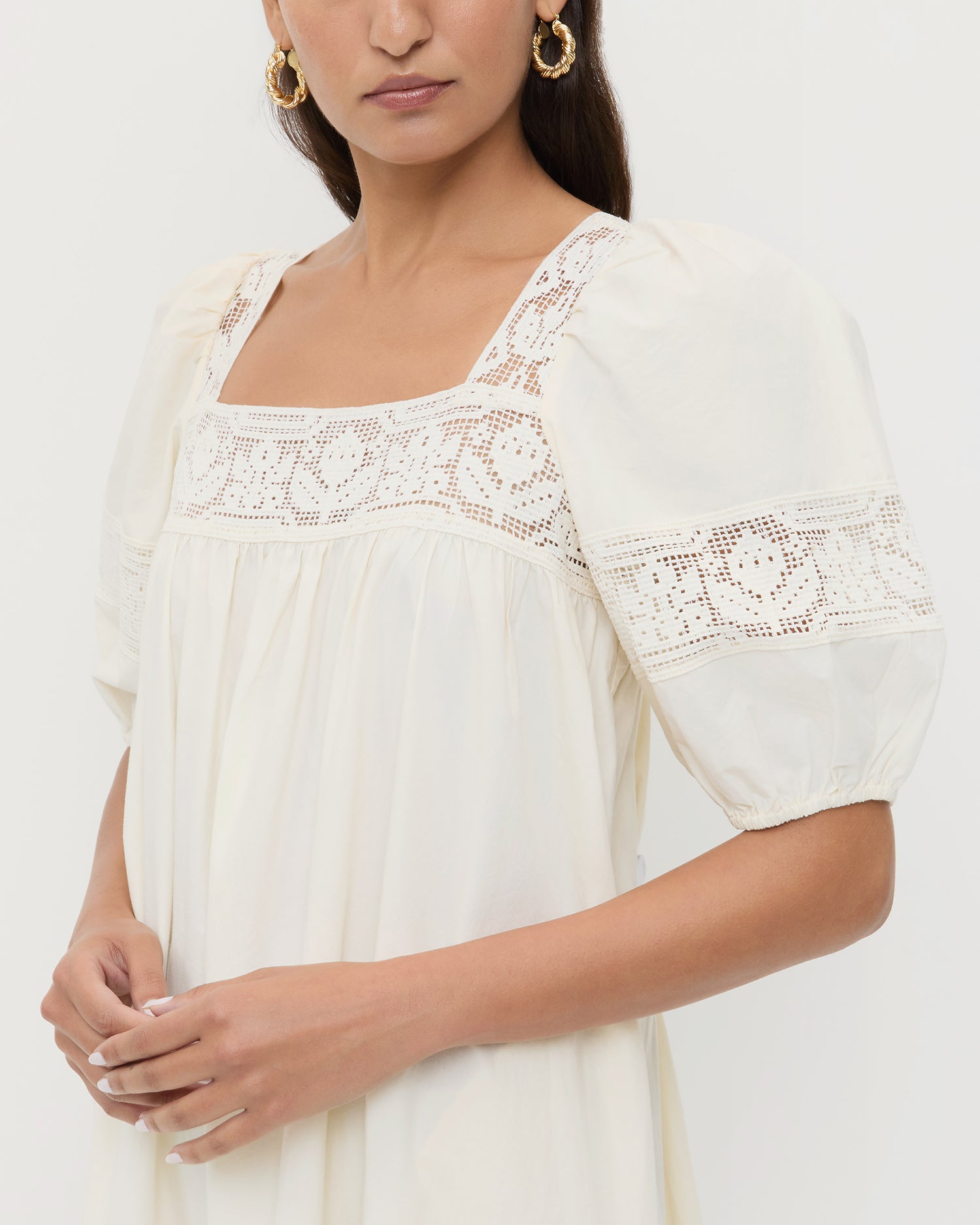 Jo Puff-Sleeve Dress in cream cotton.