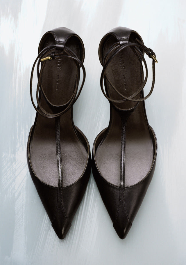 Pair of black high-heeled shoes with ankle straps on a white background