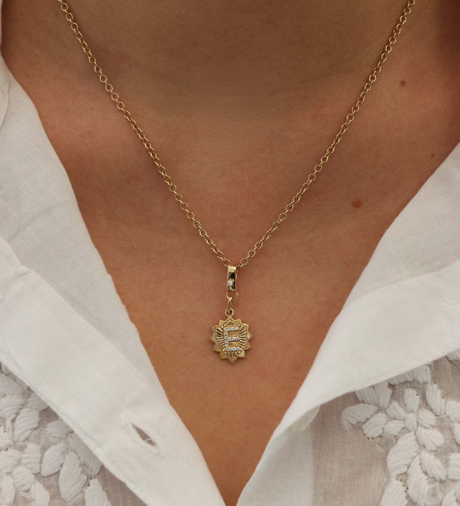 Kinn - 14k Pave Diamond E Shield Charm