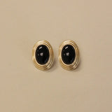 Kinn - Vintage 14k Gold Oval Onyx Earrings