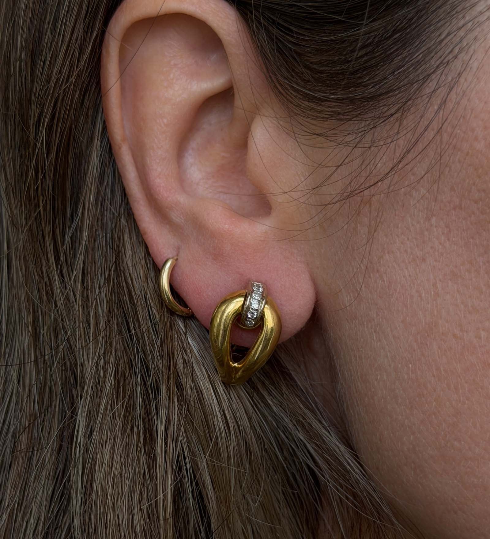 Kinn - Vintage 18k Gold Tubular Teardrop Pavé Earrings