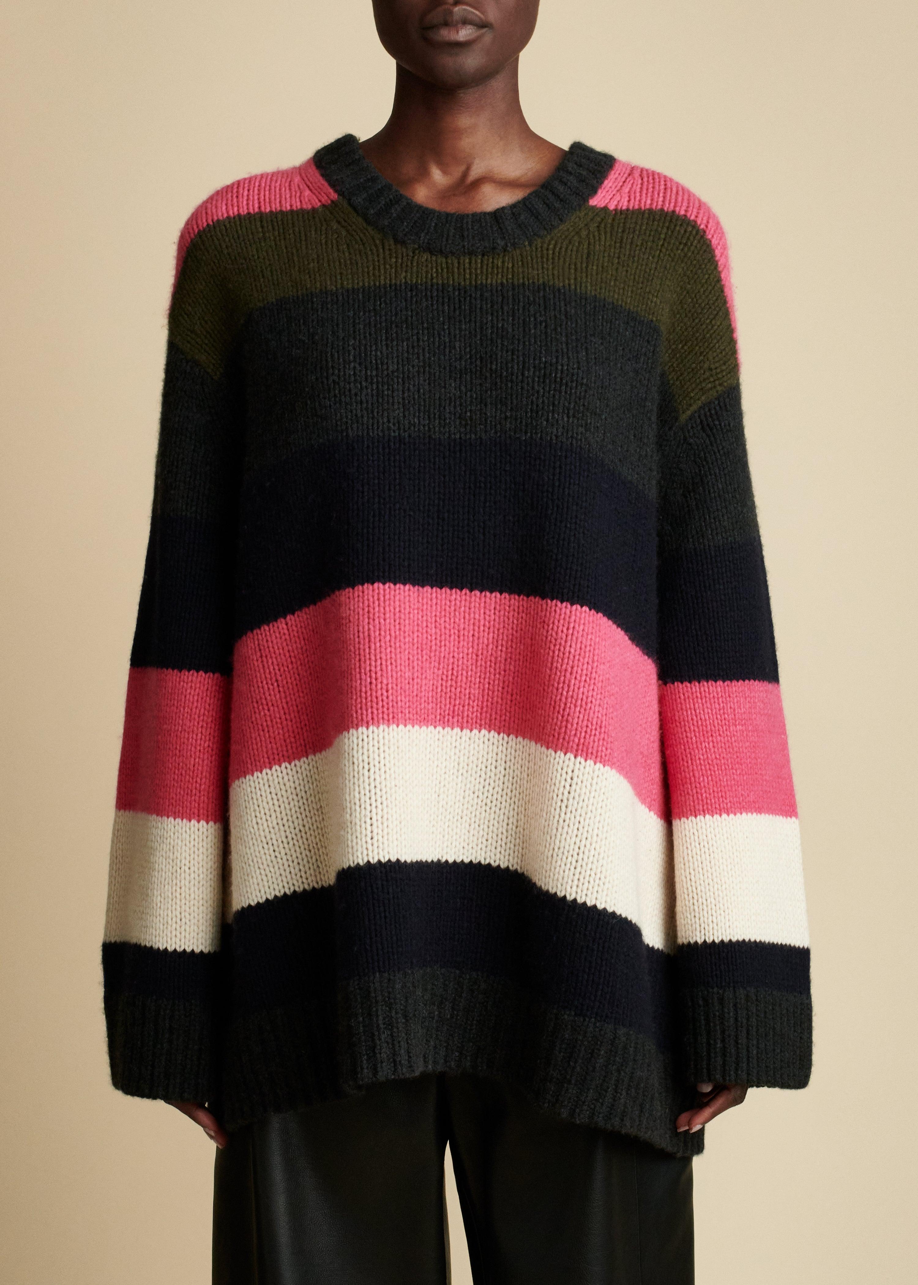 The Jade Sweater in Pink Multicolor Stripe - The Iconic Issue