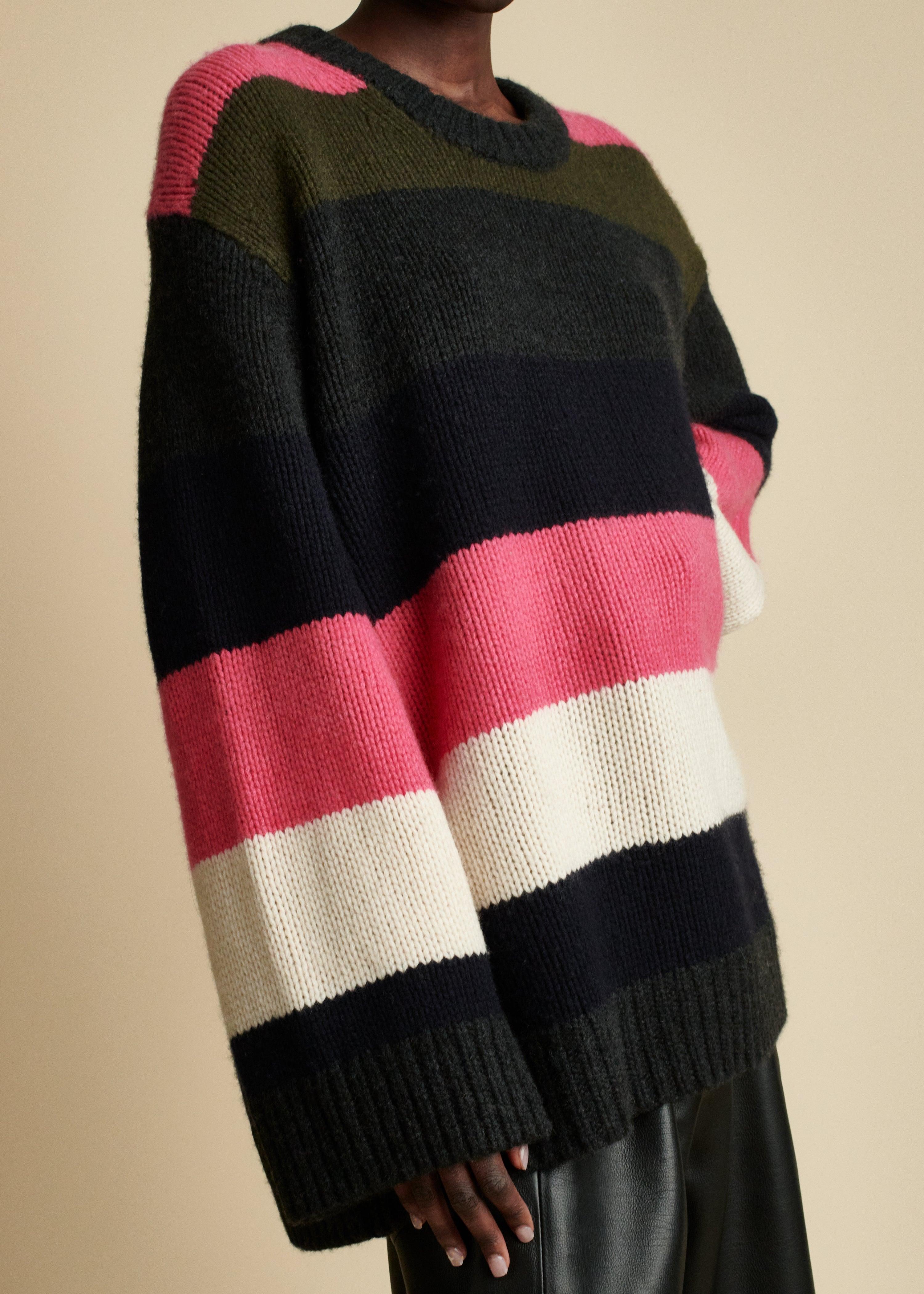 The Jade Sweater in Pink Multicolor Stripe - The Iconic Issue