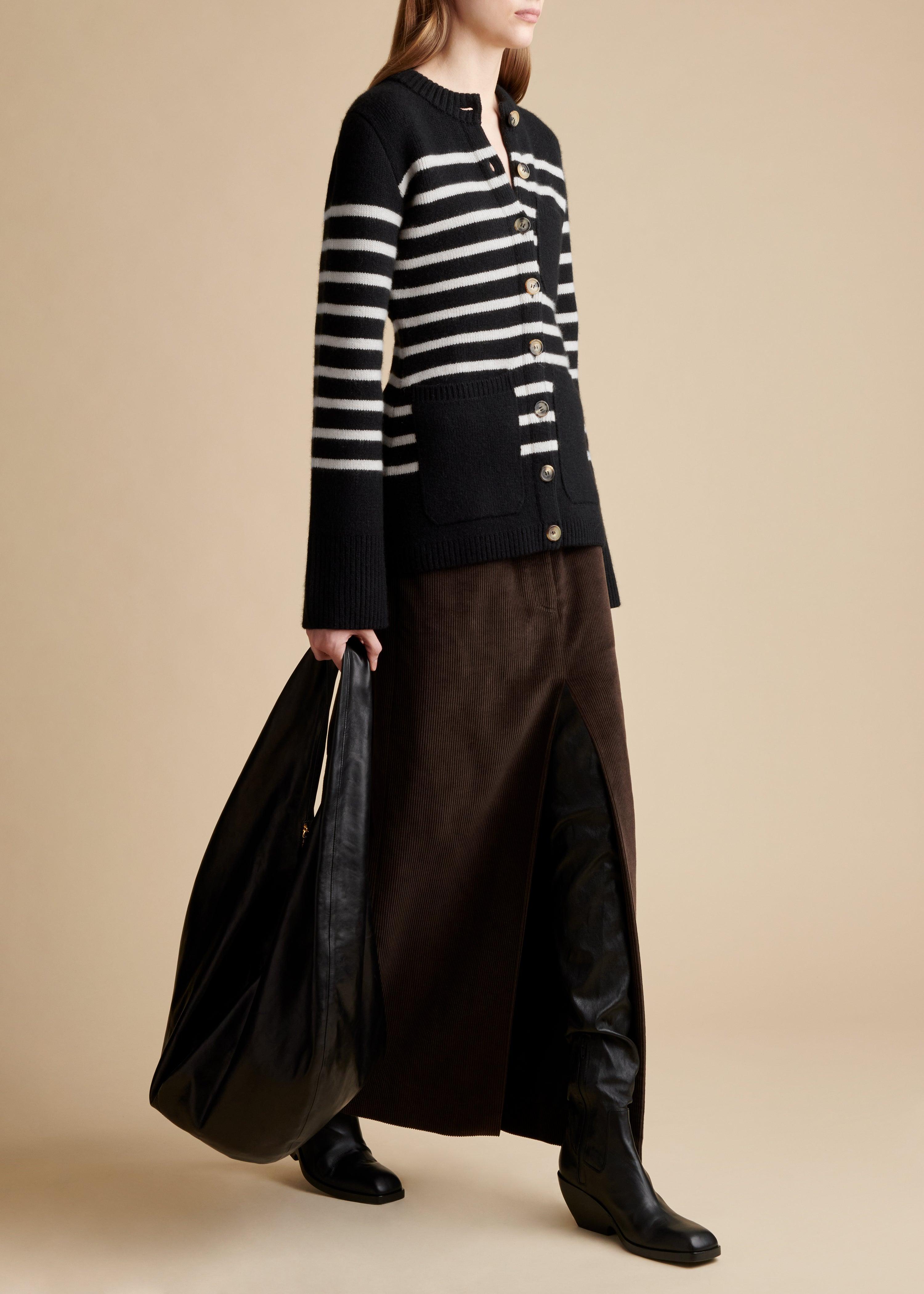 The Suzette Cardigan in Black and White Stripe - The Iconic Issue