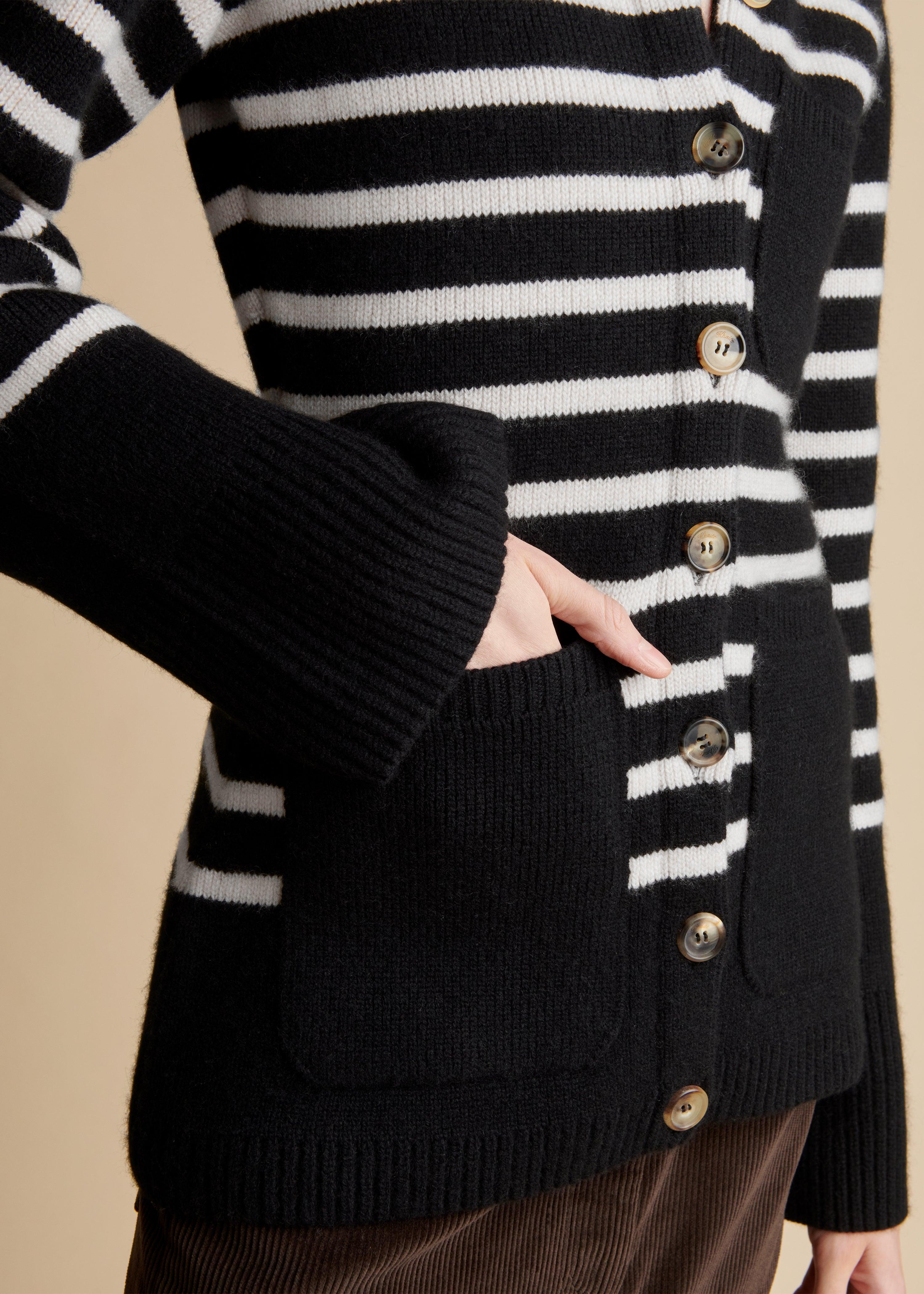The Suzette Cardigan in Black and White Stripe - The Iconic Issue
