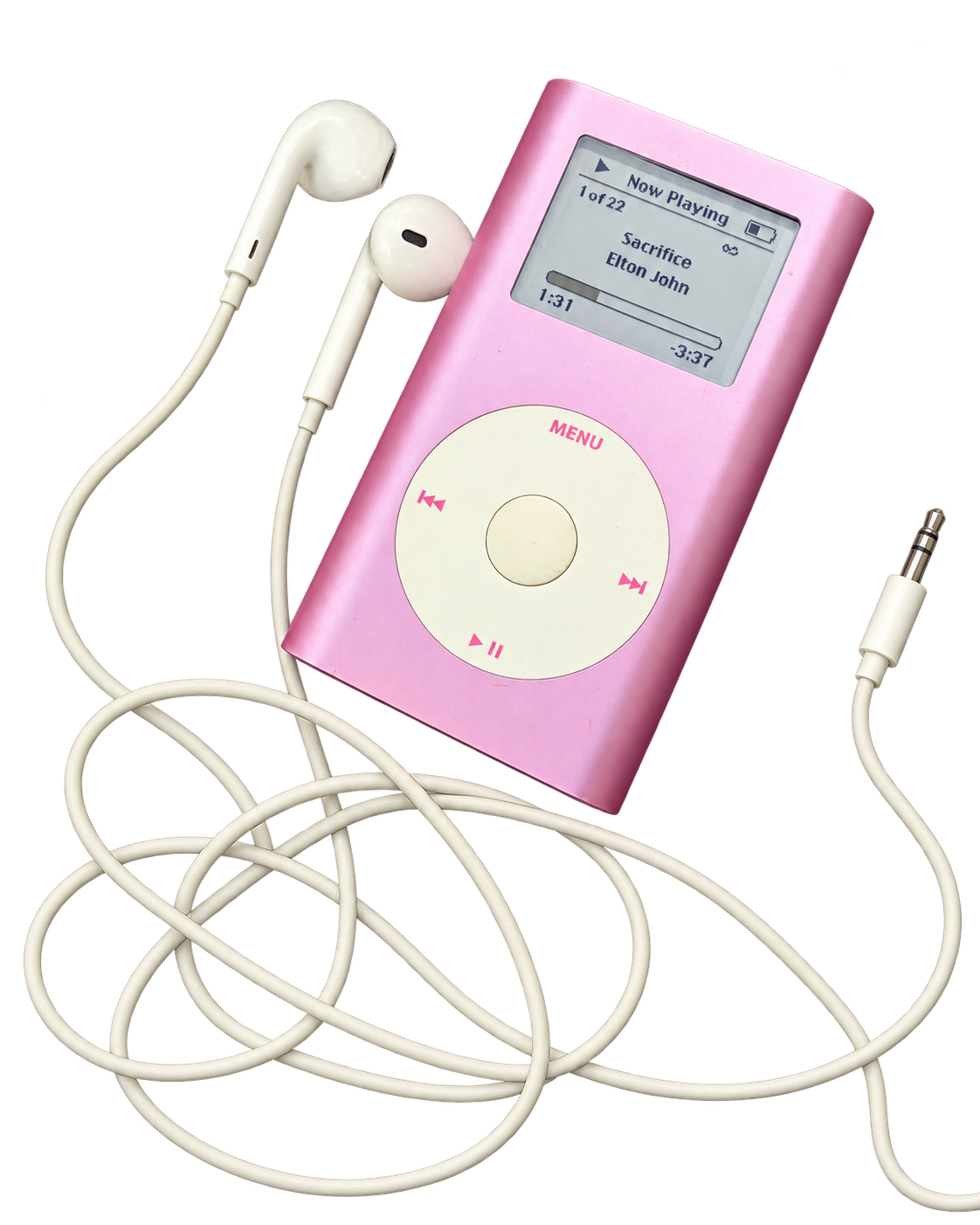 Cut-out pink iPod mini with wired white earbuds.