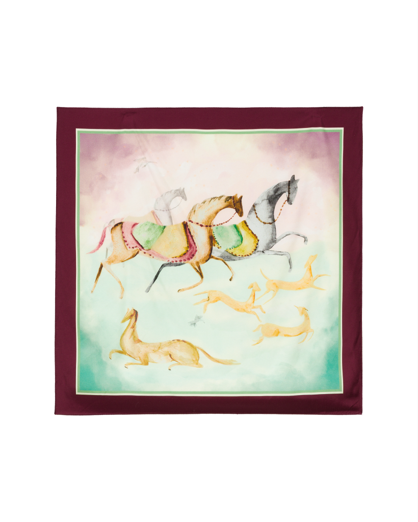 Printed DÔEN petit penny bandana shown as the finishing accessory for an early-fall outfit